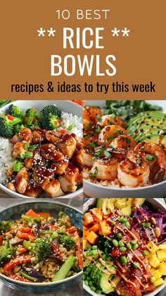 bowls filled with rice, broccoli and other vegetables are featured in this ebook