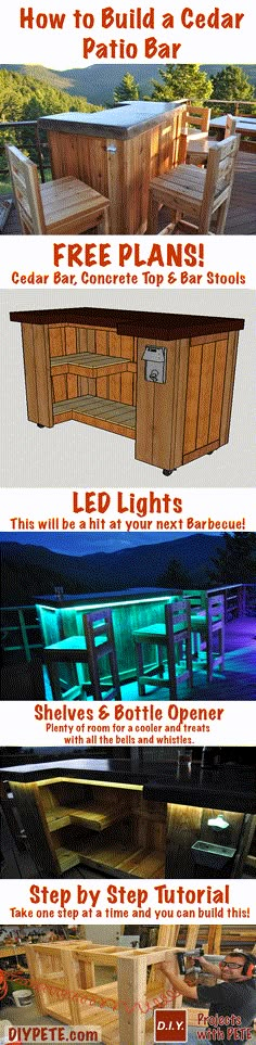 the instructions for how to build an outdoor bar with built - in seating and lighting