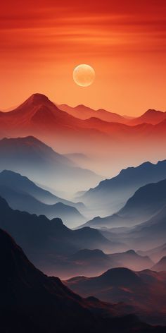 an orange and blue sunset over mountains with the moon in the sky above them,