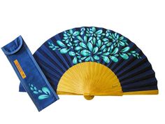 a blue and yellow hand fan with matching case