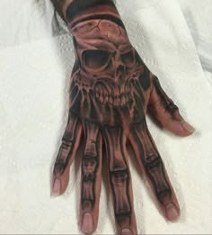 a man's hand with a skull tattooed on it