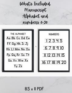 the printable alphabet and numbers are displayed on a white marble background with black lettering