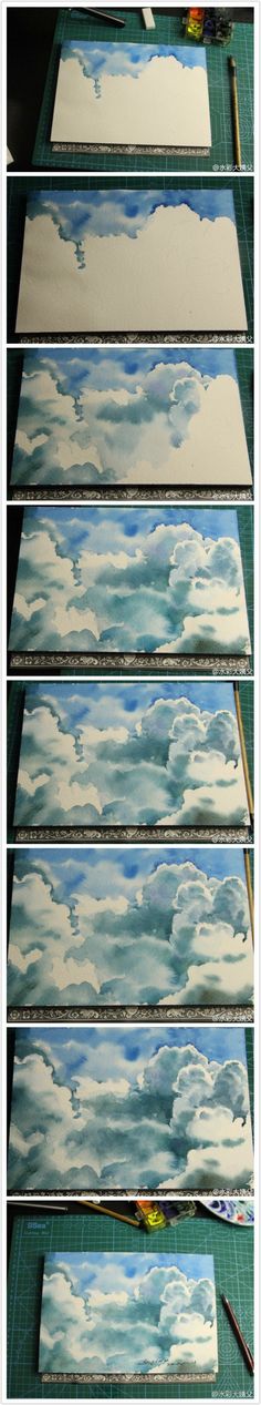 four pictures of clouds are shown in the process of being painted