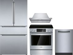 stainless steel kitchen appliances including refrigerator, stove and dishwasher