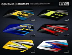 the front and back side of a motorcycle decal set with different colors, shapes and sizes