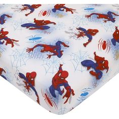 a spiderman print sheet with blue and red webs on the bottom, white background