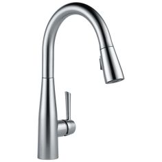 a kitchen faucet with the pull out sprayer and chrome finish on an isolated white background