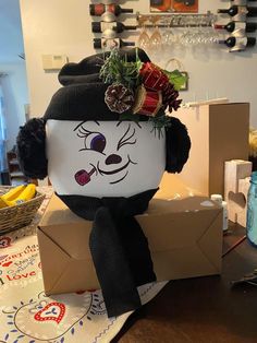 a stuffed animal wearing a hat and scarf on top of a cardboard box in a room