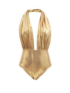 Gold One Piece, Metallic Swimsuit, Brooklyn And Bailey, Bridal Tops, Yoga Activewear, Shades Of Gold, Norma Kamali, Swimwear Fashion, Plunging Neckline