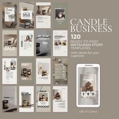 a bunch of business brochures are displayed on a gray and white background with the text candle business 120 ready - to - post template story