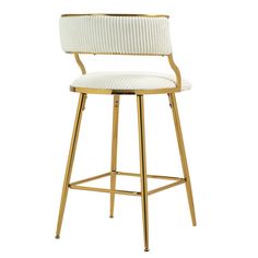 a white and gold bar stool with an upholstered seat on the backrest