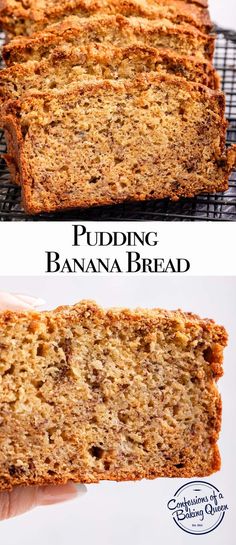 two pictures of banana bread on a cooling rack with the words puddinging banana bread