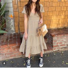 Midi Gingham Dress With Open Back In Size Small. New With Tags. Poofy Elbow Length Sleeves And Double Bow Ties In The Back. Brown Gingham, Dress Styling, American Flag Sweater, Dress With Open Back, Double Bow, Keen Shoes, Compression Pants, Granola Girl, Waterproof Shoes