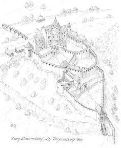 a drawing of an old castle on top of a hill