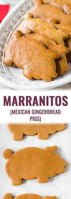 homemade mexican gingerbread pigs on a plate with text overlay that reads, marranitos mexican gingerbread pigs