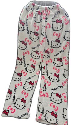 Cute Stretch White Pants, Cute White Long Pants, Cute Soft White Sleepwear, Cute White Soft Sleepwear, Cozy White Sleep Pants, Cute White Pants For Sleepover, Cozy White Sleep Bottoms, Cute Hello Kitty Print Pants For Pajama Party, White Casual Hello Kitty Sleepwear