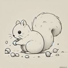 an ink drawing of a squirrel eating some nuts