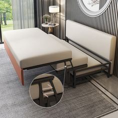 a bed with a white mattress sitting on top of it next to a table and lamp