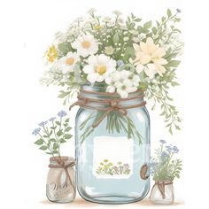 a painting of flowers in a mason jar with two jars on the ground and one vase full of flowers