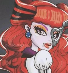 a drawing of a woman with long red hair and an eye patch on her face