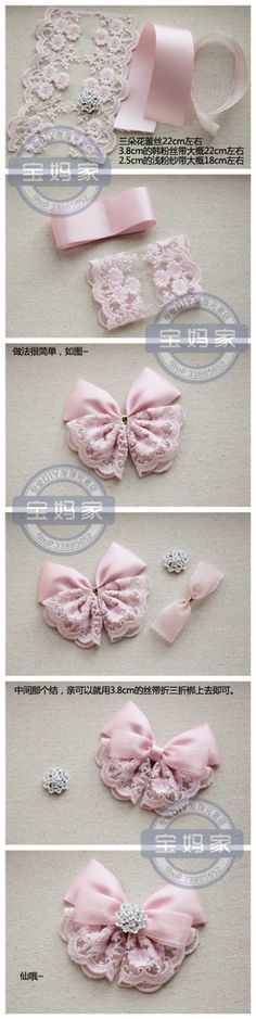 the instructions for how to make a bow with lace and pearls on it's side