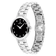 Take your look to the next sophisticated level with this ladies' Movado Faceto diamond watch. Black dial, two silver-toned hands, diamond markers 28mm stainless steel case with sapphire crystal Swiss quartz movement Stainless steel link bracelet; deployment clasp 30-meter water resistance Disney Bracelet, Diamond Wedding Sets, Peoples Jewellers, Anniversary Jewelry, Black Water, Popular Jewelry, Charm Rings, Square Cut, Silver Pendants