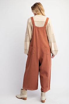 Elevate your style with our Fortnight Twill Overalls in Cinnamon! These washed twill jumper pants feature adjustable button straps, back and front pockets, and distressed wide leg bottoms. With a loose, slouchy fit, these overalls are both comfortable and fashionable. Small measurements: Length - 42.5" & Bust - 21". Get your unique look now! Loose Overalls Outfit, Loose Overalls, Jumper Pants, Overalls Outfit, Teacher Clothes, Dopamine Dressing, My Sewing Room, Winter 23, Teacher Outfits