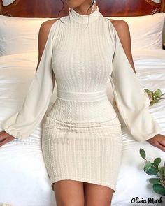 Color: beige, Size: XL(12) Mock Neck Bodycon Dress, Chique Outfit, Cable Knit Sweater Dress, Split Sleeve, Mesh Bodycon Dress, Solid Color Dress