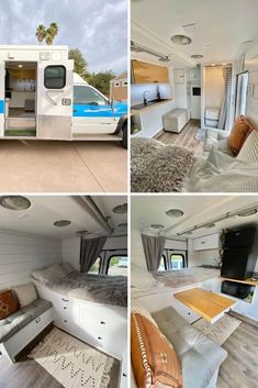 the interior of a camper with couches, tables and other things in it