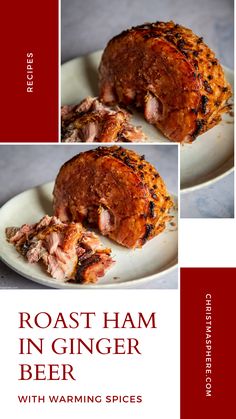 roast ham in ginger beer on a white plate with warming spices and text overlay reads roast ham in ginger beer with warming spices