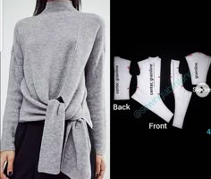 the back and front view of a women's sweater with an attached tie on it