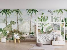 a child's bedroom with dinosaurs and palm trees on the wall, in front of a dinosaur mural