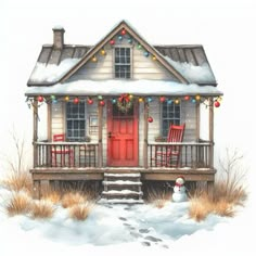 a watercolor painting of a small house decorated for christmas