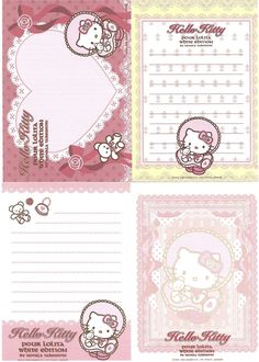 the hello kitty stationery is shown in pink and yellow colors, with an image of a