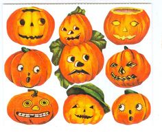 a bunch of pumpkins with faces drawn on them