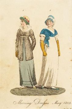 size: 18x12in Art Print: Fashion Plate (Morning Dresses May 1803) M.86.266.52 : Regency Outfits, 1810 Fashion, 1820 Fashion, Promenade Dress, Beach Costume, Regency Gown, Decades Of Fashion, Regency Era Fashion, Morning Dress