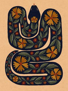 an intricately designed snake with flowers on it's back end, in blue and orange colors