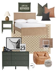 a collage of furniture and decor including a bed