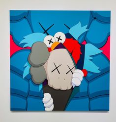 an abstract painting of a cartoon character holding something