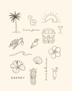 an image of a drawing with the words energy and tropical symbols on it's side