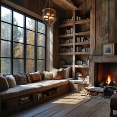 a living room filled with furniture and a fire place in front of a large window