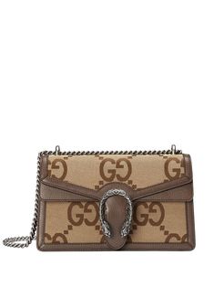 Beige/brown canvas/leather small Dionysus shoulder bag from GUCCI featuring Jumbo GG canvas, signature Tiger Head motif, foldover top, sliding chain-link shoulder strap, partitioned compartment and internal zip pocket. This item is in size UNI and the color is Brown Gucci Bag Outfit, Gucci Purse, Planet People, Girly Bags, Closet Organizer, Brown Canvas, Small Shoulder Bag