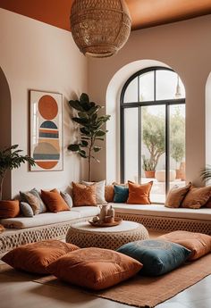 a living room filled with lots of couches and pillows