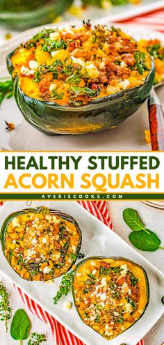 A healthy stuffed acorn squash! This easy Christmas recipe or Thanksgiving side dish idea is also gluten-free with vegetarian and vegan options. Filled with sausage, veggies, and apples, this roasted acorn squash is a delicious addition to your Thanksgiving dinner menu! Apple And Squash Recipes, Sausage Acorn Squash Recipes, Danish Squash Recipes, Italian Sausage Stuffed Acorn Squash, Squash Recipes Baked, Carnival Squash Recipes, Stuffed Acorn Squash Recipes, Savory Fall Recipes, Sausage Stuffed Acorn Squash