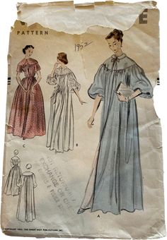 This is a pattern for a peignoir from Vogue ABC's . The pattern is perforated with out any numbers for guideline. Each piece is perforated with the name of the pattern piece. The pattern has been cut. Dated 1952 Included in the pattern are:side frontfront back sleevefront yokeback yokeback collarfront collarshort sleeve Vintage Outfits Classy, Outfits Classy, Gown Pattern, Vintage Dress Patterns, Fashion 1950s, Old Dresses