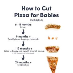 the instructions for how to cut pizza for babies are shown in this poster, which includes an image of a baby's face and half eaten pizza