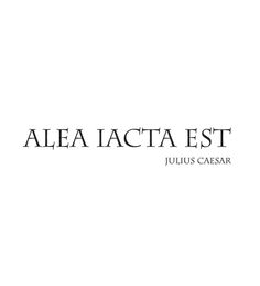 the logo for an italian restaurant called alea lacta est, in white and black