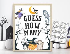 a halloween printable with the words guess how many on it, next to some pumpkins