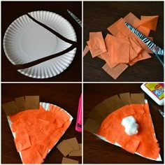 four different pictures showing how to make an orange paper plate with scissors and construction paper