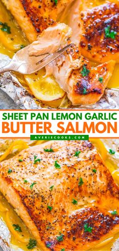 A quick and easy dinner featuring oven-baked salmon! Moist, juicy, and infused with so much flavor, this Sheet Pan Lemon Garlic Butter Salmon is so much better than what you can order from a restaurant! Save this 30-minute recipe! Lemon Garlic Butter Salmon, Lemon Salmon Recipes, Seafood Soups, Salmon Recipes Baked Healthy, Salmon In Foil, Garlic Butter Salmon, Fish Dinner Recipes, Averie Cooks, Pan Recipe